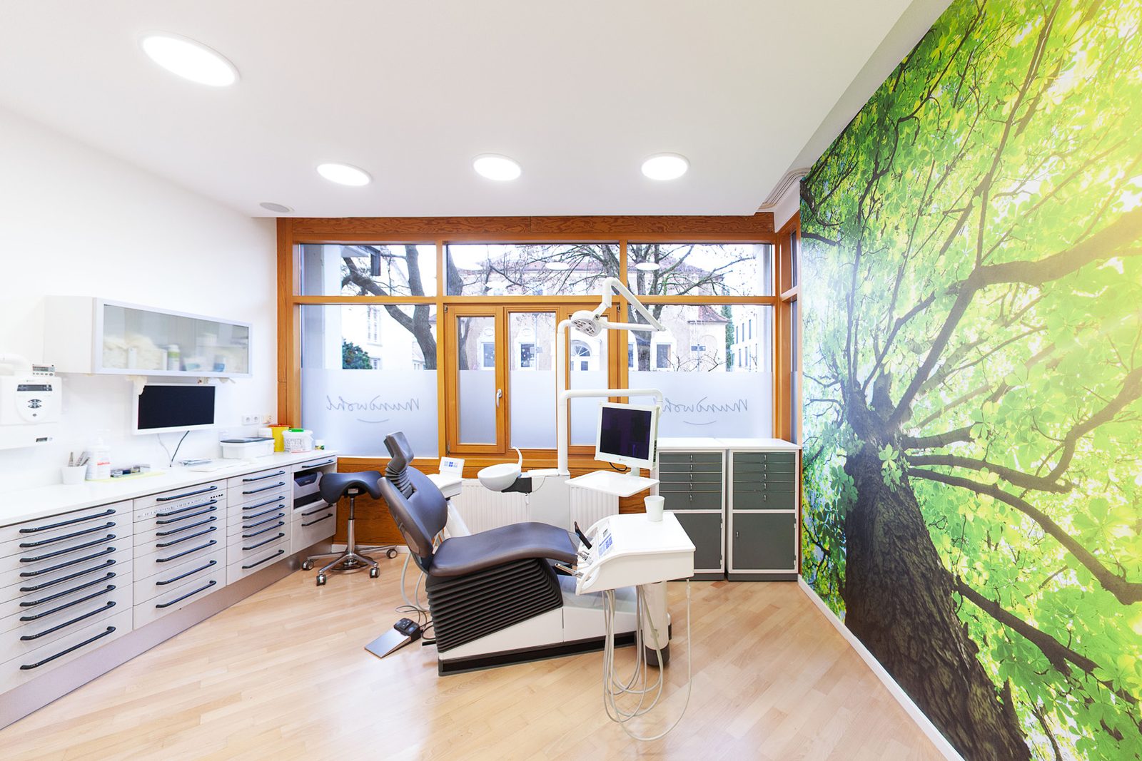 Behandlungszimmer mit Baumwand